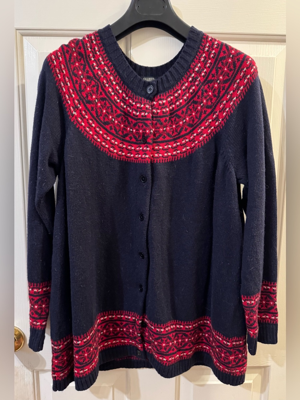 Talbots Navy Cardigan with Red Nordic Yoke and Hem